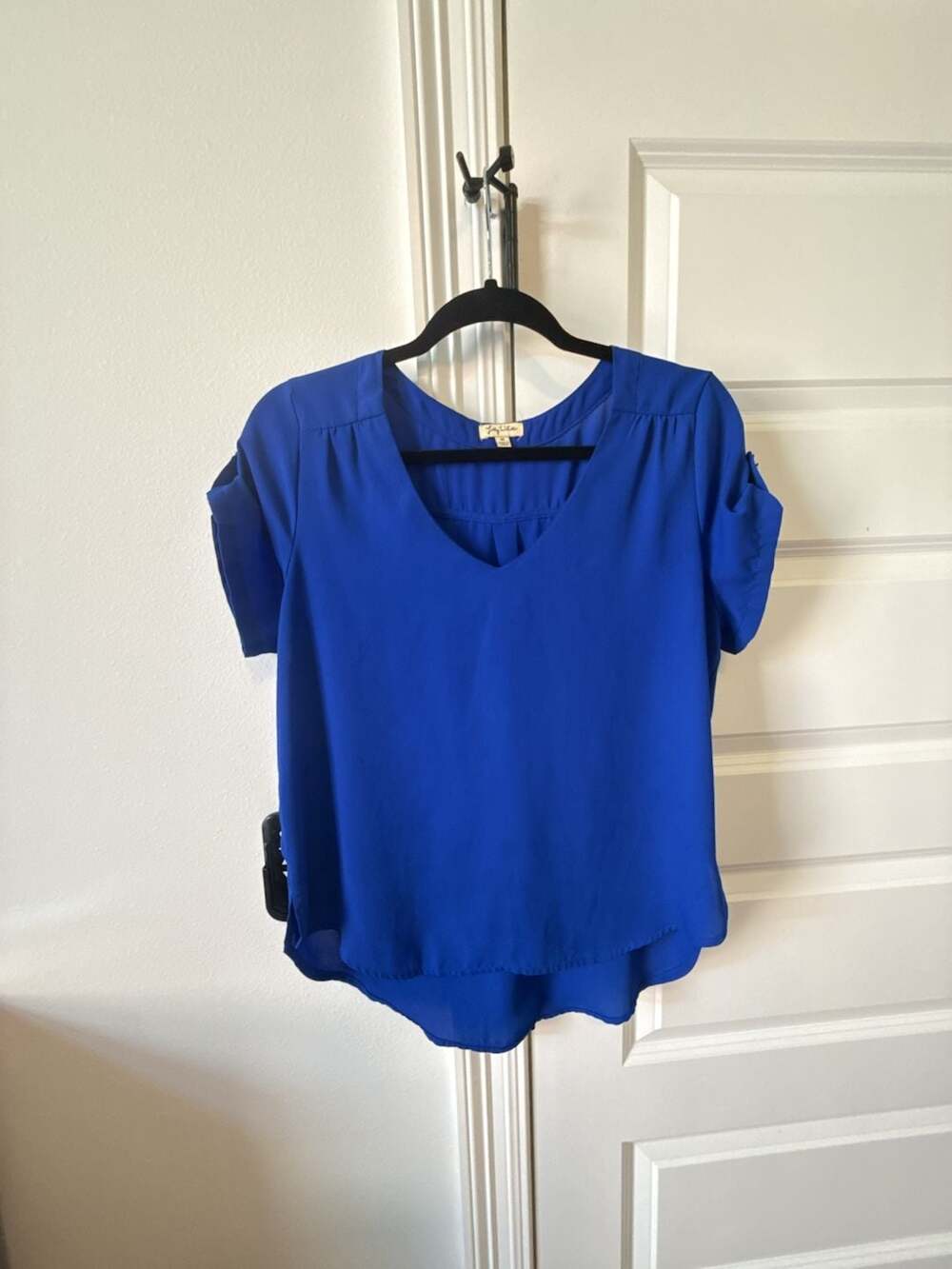 Lily White Cobalt Blue V-Neck Short Sleeve Chiffon Blouse with Rolled Cuffs